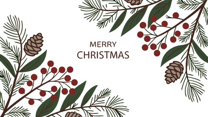 Festive Christmas Border with Pine Branches Berries and Pinecones.