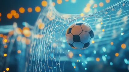 Dynamic Soccer Ball in Net with Bokeh Lights Festive Atmosphere