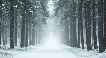 Naklejka premium Snowfall Path Through the Pine Forest