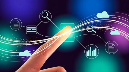 Hand interacting with digital interface and data icons
