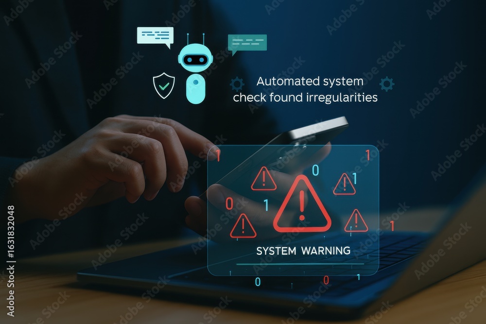 Aufkleber automated system warning alert detected by ai robot,cybersecurity threat notification on smartphone 