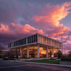 Obraz premium Brutalist building glowing under a fiery cotton-candy sky