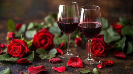 Romantic setting with red wine glasses and red roses on dark background