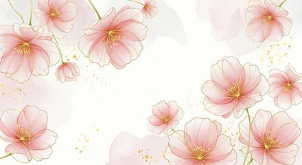 Delicate pink flowers with gold outlines and scattered gold dust floral soft