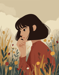 Contemplative Young Woman in Autumn Wildflower Meadow Vector Illustration