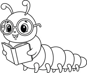 Cute cartoon caterpillar reading book, insect coloring page vector, educational bug illustration, kids learning art, adorable worm with glasses