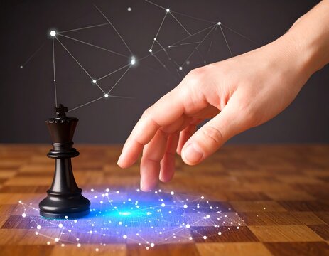 A hand moves a black chess king over a glowing digital network on a wooden chessboard - Powered by Adobe