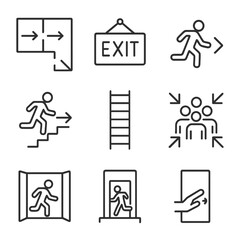 Emergency Route Icons. Line style icons of evacuation and emergency route signs: floor plan with arrows, illuminated exit icon,
