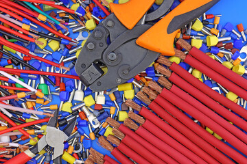 Electrical Installation Tools and Materials for Electrical Switchboard Assembly. Close-up. Soft...