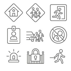 Fototapeta premium Childcare Safety Icons. Line style icons of childcare and school safety symbols: school zone caution icon, children crossing sign,