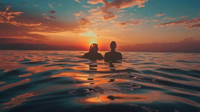 Couple in sea kissing at sunset. summer and vacation