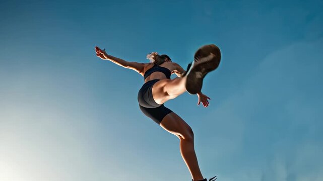 Fit Athletic Woman Jumps High Against a Bright Blue Sky, Emphasizing Power and Freedom