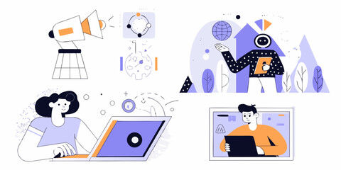 Diverse characters engaged in digital activities and global concepts