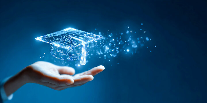 A hand holding a futuristic education technology icon with a graduation hat and a digital screen on a dark blue background - Powered by Adobe