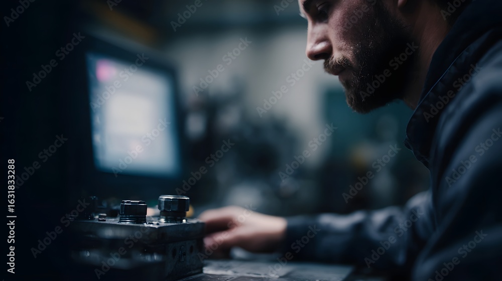 Poster technician calibrating industrial sensors with precise instrumentation