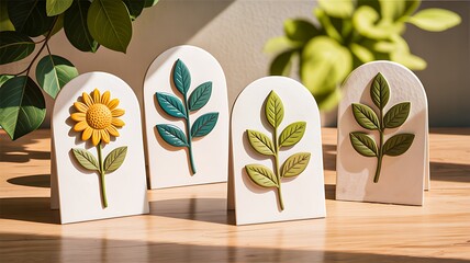 Handcrafted floral tiles with decorative leaves and sunflowers