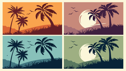 Obraz premium Four Tropical Sunset Scenes with Palm Trees.