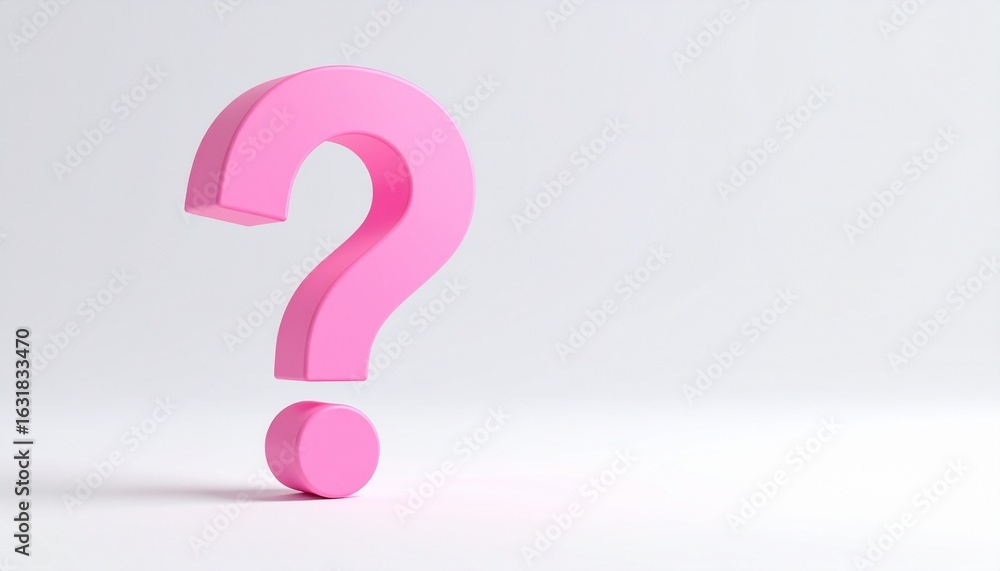 Poster pink question mark 3d icon on a white background, symbolizing a query or a need for help