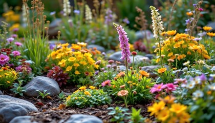 A vibrant array of colorful flowers in a garden, offering a visual feast for the eyes. This photo showcases nature's exquisite artistry and the beauty of floral diversity. 