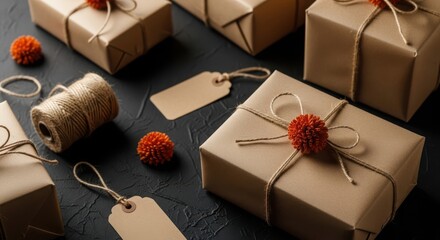 Handmade gift boxes wrapped in brown paper with string and tags create a festive holiday arrangement