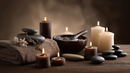 Serene Spa Still Life:  Warm Candlelight, Smooth Stones, and Tranquil Atmosphere for Wellness Branding.