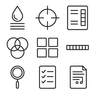 Print Prepress Icons. Line style icons of print and prepress operations: ink density icon, plate alignment mark, registration