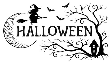 Obraz premium Halloween Design with Witch Bats and Haunted Tree.