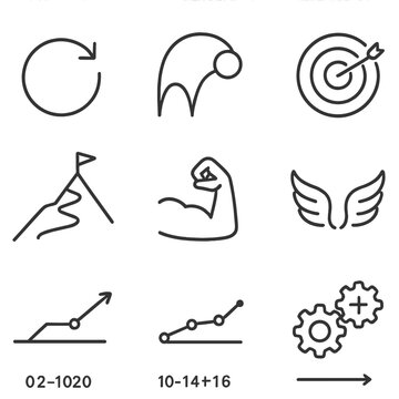 Resilience Iconography. Line style icons of resilience and recovery mindset: comeback arrow icon, bounce-back curve, strength