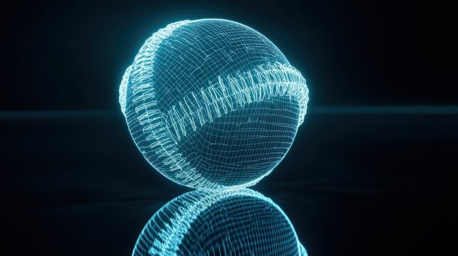 Futuristic holographic depiction of a baseball, rendered with precise lines