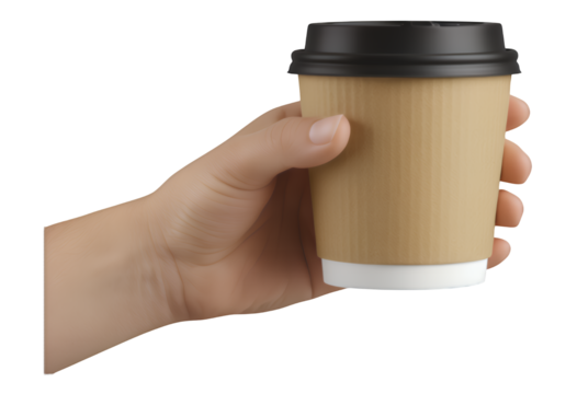 Hand Holding Beige Coffee Cup with Black Lid, Transparent Background, 3D Realism Design Element