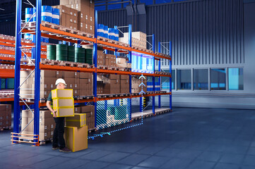 Man is engaged in warehouse business. Modern storage area. Guy with boxes in warehouse building....