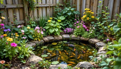 Fototapeta premium A vibrant and serene garden pond surrounded by blooming flowers and lush greenery. The pond has a stone border, creating a natural oasis.