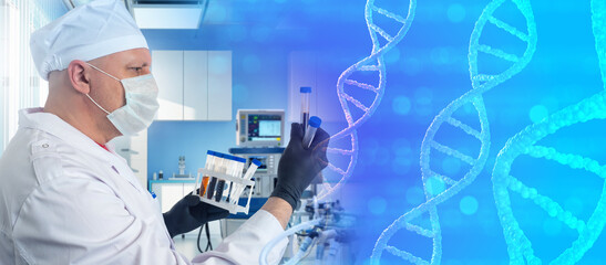 Man doctor geneticist. Genome chains near scientist. Doctor does DNA analysis. Geneticist holds...