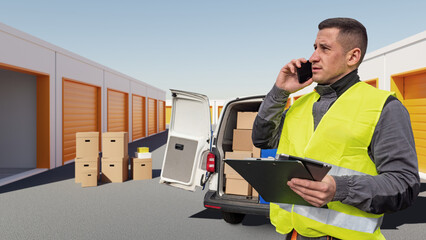 Man courier talking on phone. Territory with self storage units. Delivery man calling client....