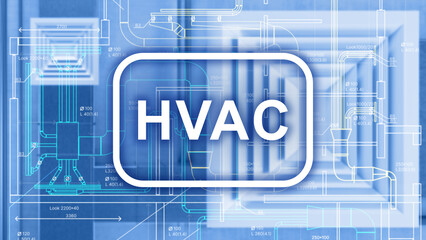 HVAC technology. Ventilation equipment. HVAC log on blue. Air conditioning system drawings. HVAC inscription. Design of split systems and vents. Ventilation technologies. 3d rendering