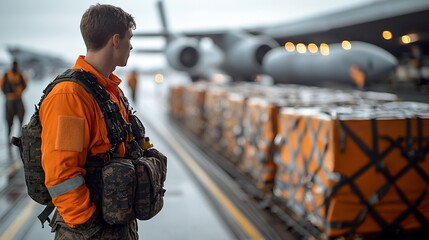 A soldier in orange uniform observes cargo being loaded onto an aircraft on a cloudy day, focusing on service