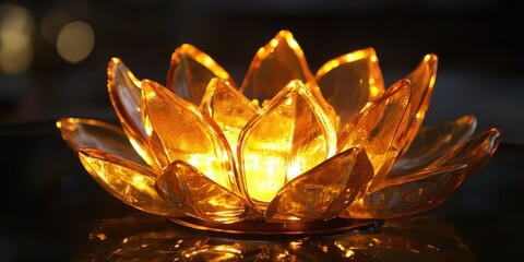 Illuminated glass lotus in earthy amber tone exuding warmth and peace