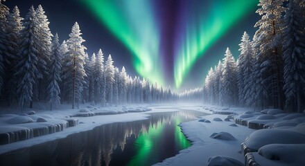 Winter landscape with northern lights over a river and snow covered trees in the forest