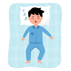 Sleeping boy child lying on bed in flat design.