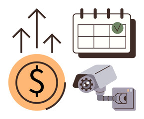 Rising arrows with dollar sign for growth, a calendar with green checkmark for planning, and surveillance camera for security. Ideal for finance, planning, security, monitoring, management