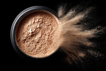 Close-up of compact powder makeup with a smooth surface on black background, designed for skincare and cosmetic ads, ideal for luxury beauty campaigns and professional marketing visuals