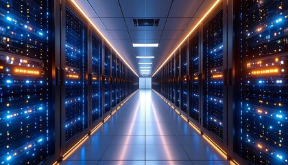 Futuristic server room with data processing and network connection illumination
