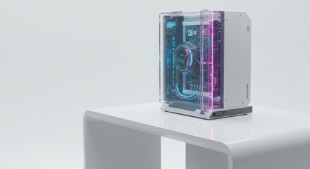 A sleek futuristic quantum analyzer computer on an advanced table against a white backdrop