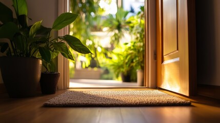 airbnb style vacation property, entrance to trendy rental home with welcome mat, inviting and clean