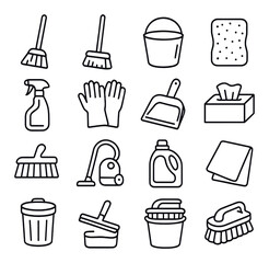 Cleaning linear icon set. containing broom, bucket, sponge, spray, gloves, dustpan, vacuum, detergent, tissue, brush.