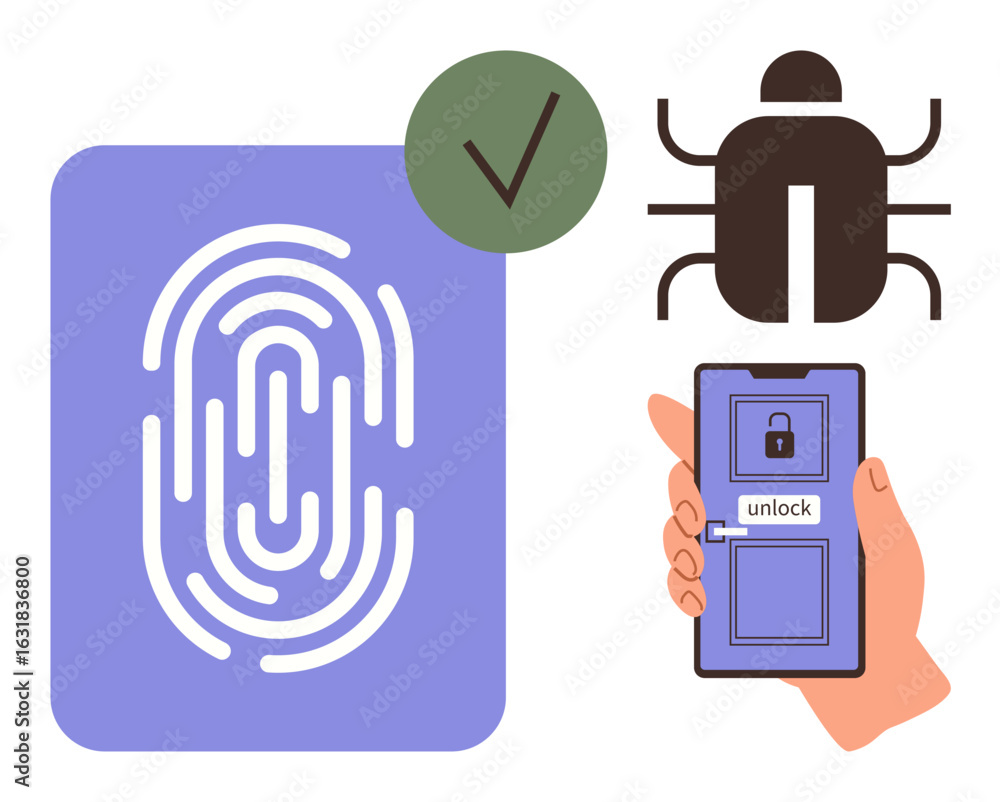 Poster fingerprint scan, security bug symbol, and smartphone unlocking action. ideal for cybersecurity, pri