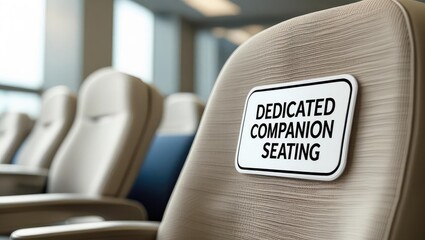 stadium accessibility design. A sign indicating dedicated companion seating on a modern chair in a spacious, well-lit area.