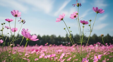Field of pink cosmos flowers blooming under a bright blue sky nature floral