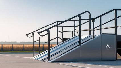 stadium accessibility design. Modern ramp with handrails leading to an elevated platform, set against a clear sky and open landscape.