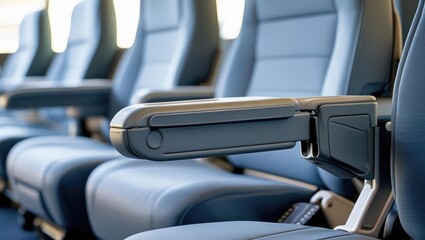 stadium accessibility design. Airplane seats arranged in a row, featuring sleek blue upholstery and a modern armrest design.